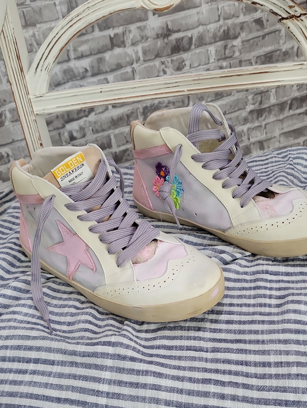Golden Goose High Top Project Sneaker, Pink Star Floral Lavender & Pink Sz 42